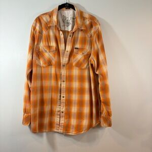 Bullhead Mens XL Western Plaid Shirt Orange Tan Cowboy‎ Wild West Long Sleeve